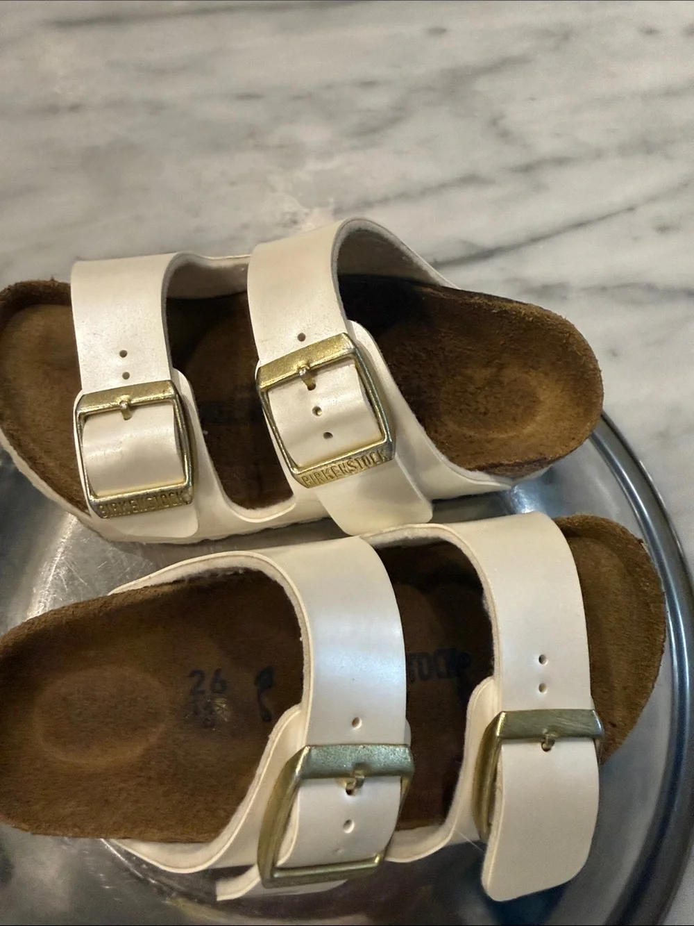 Birkenstock Kids Arizona Sandals in White with Gold Buckles